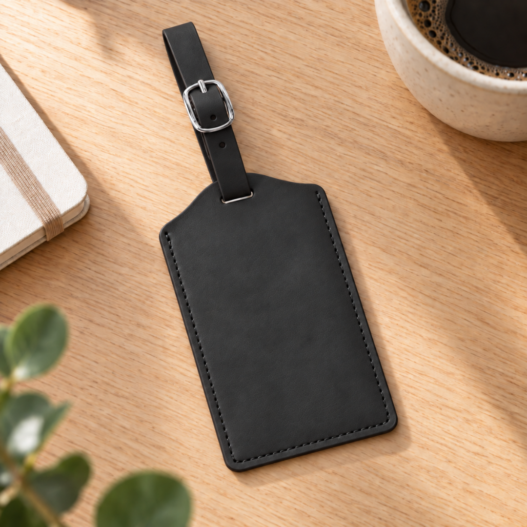 Black vegan leather luggage tag with silver buckle ready to be personalised.