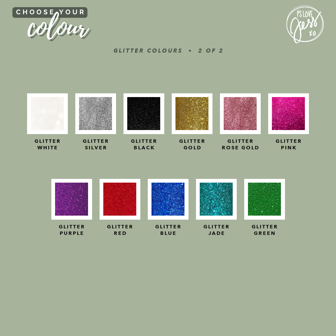 Glitter personalisation lettering colour options for the Bookmarks.