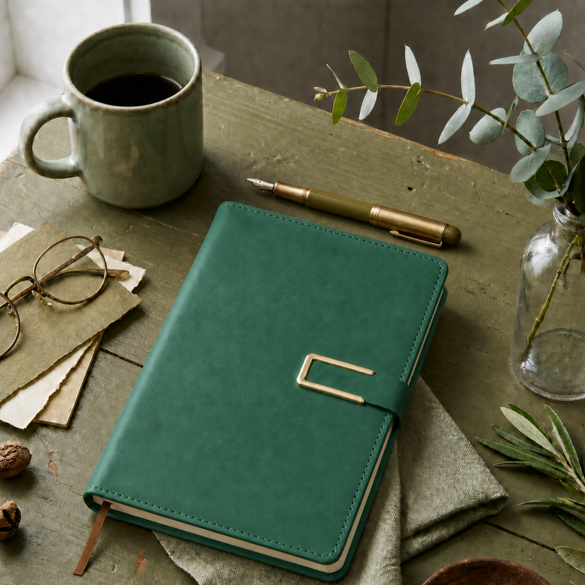 Green vegan leather notebook with ribbon bookmark, magnetic closure, and gold hardware.