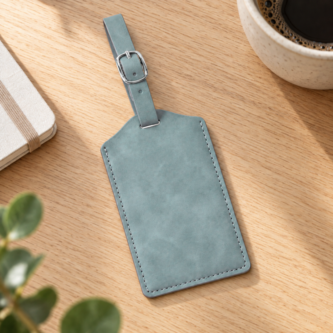 Blue vegan leather luggage tag with silver buckle ready to be personalised.