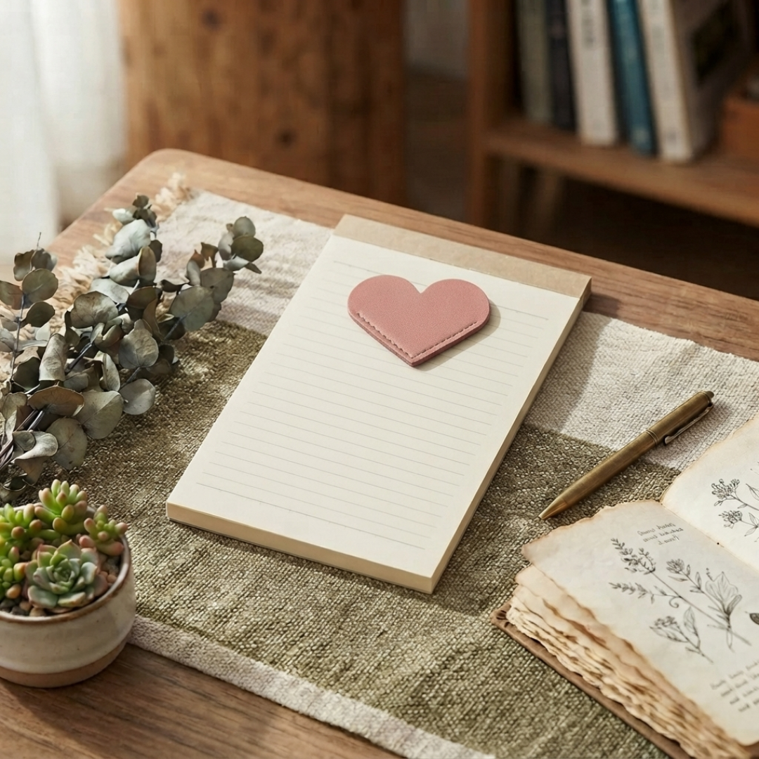 Pink vegan leather heart-shaped corner bookmark ready to be personalised.