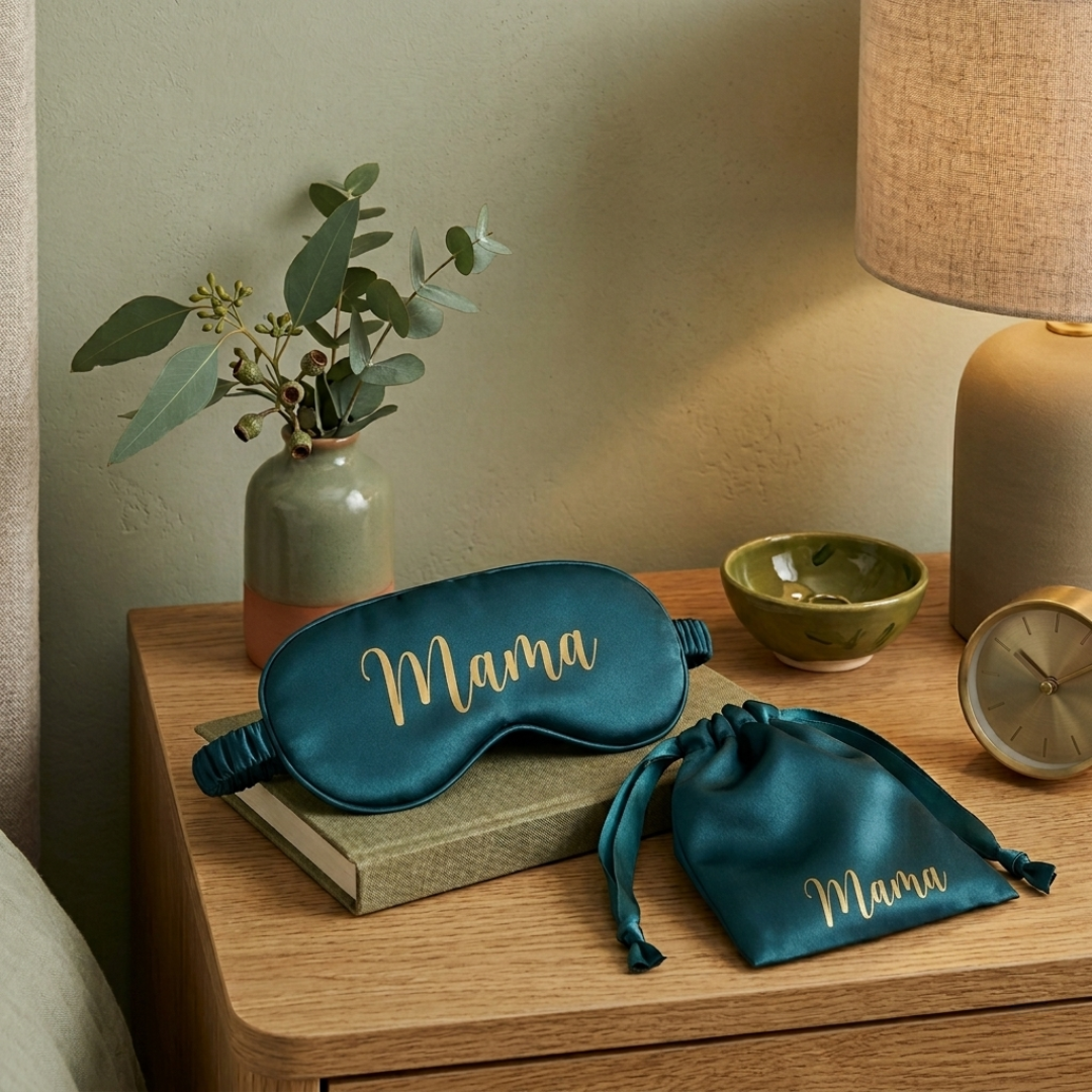 Personalised emerald green satin eye mask with matching satin drawstring pouch.