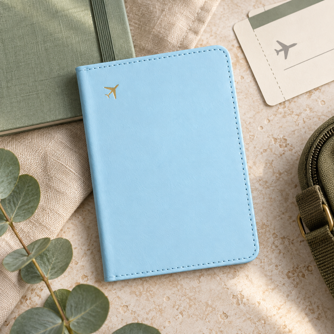 Blue vegan leather passport holder with stitched edges and a gold aeroplane detail ready to be personalised.