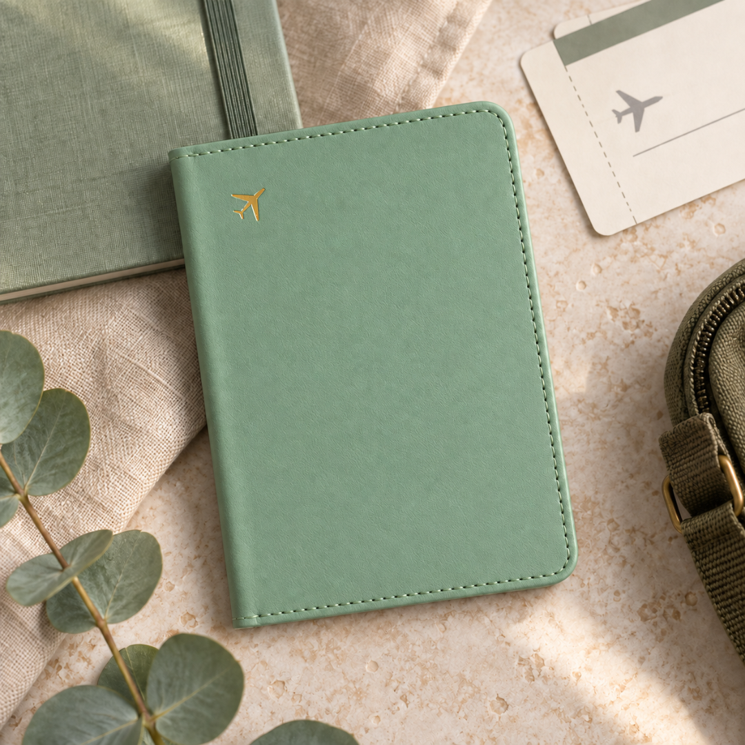 Green vegan leather passport holder with stitched edges and a gold aeroplane detail ready to be personalised.
