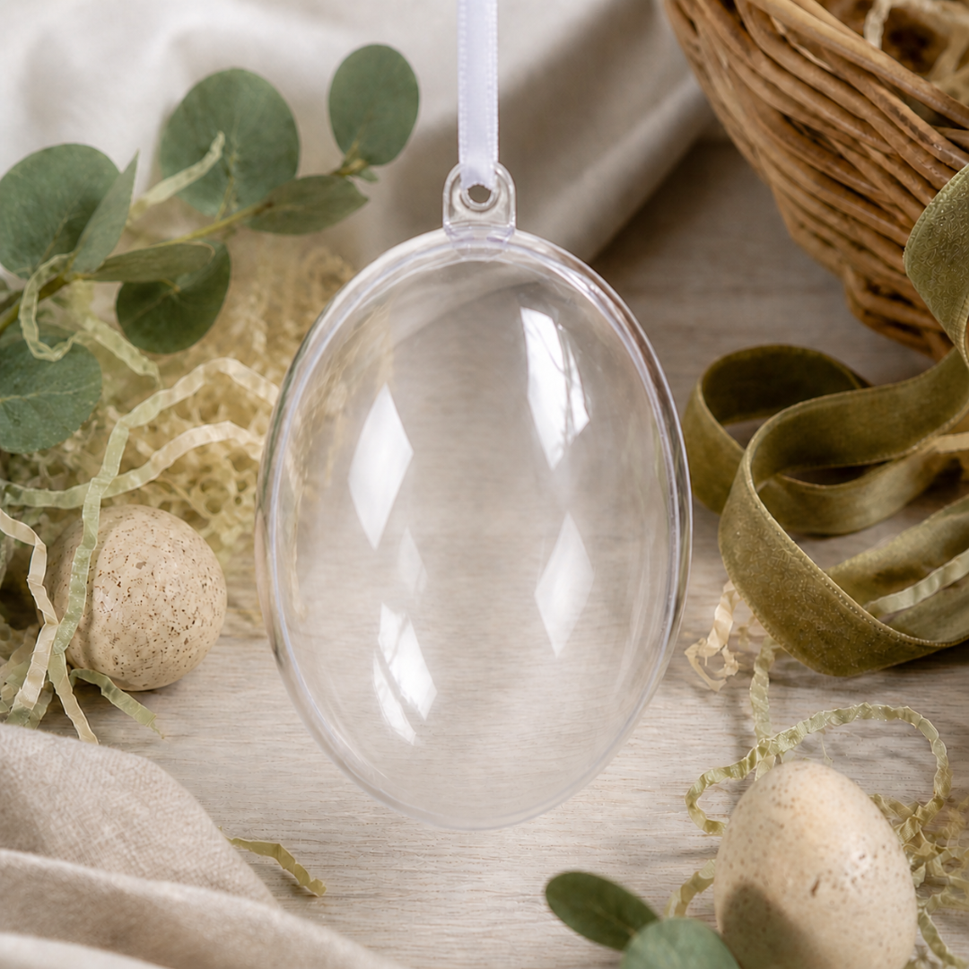 Clear acrylic Easter egg hanging on a white satin ribbon, ready to be personalised and filled.