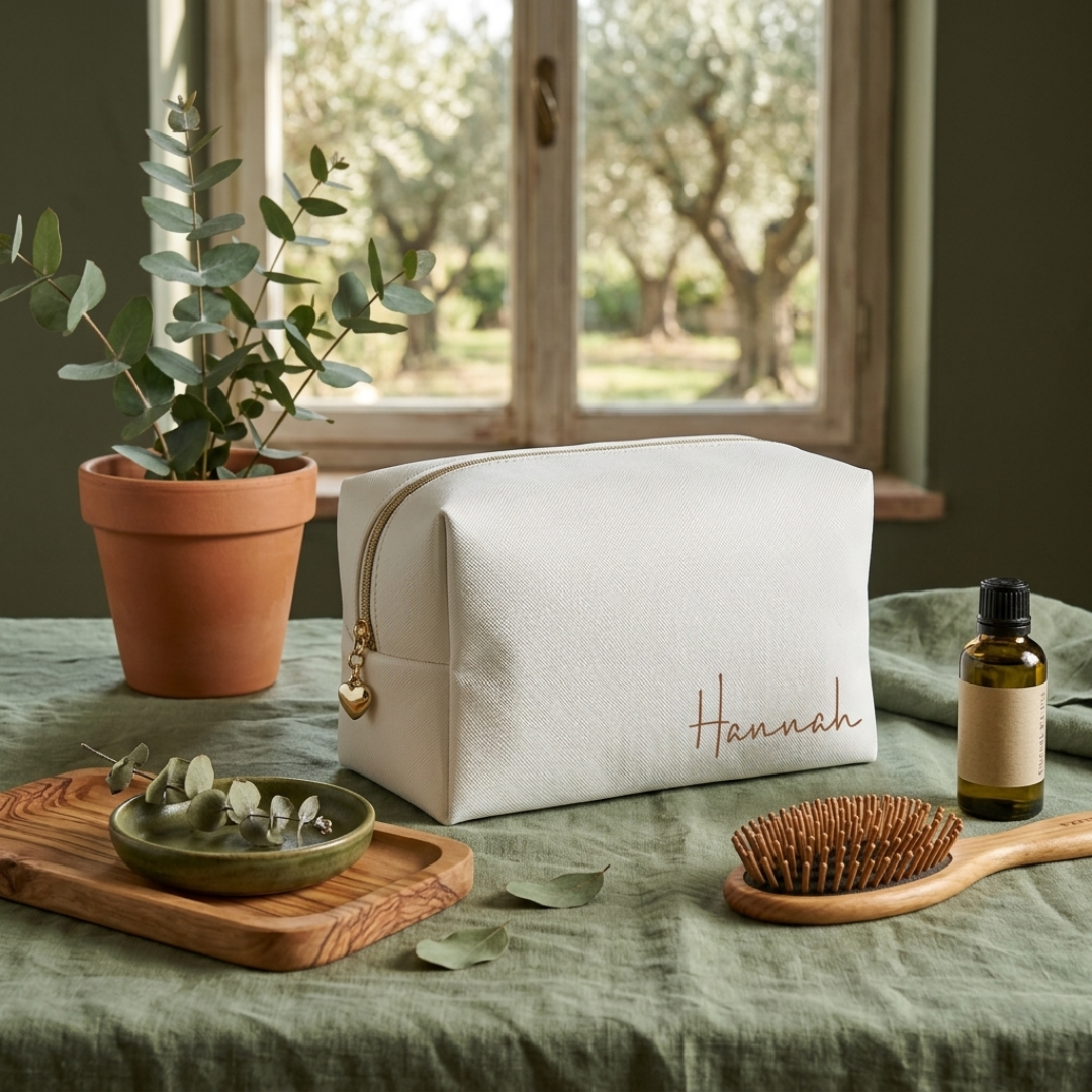 Personalised white leather toiletry bag with gold hardware.