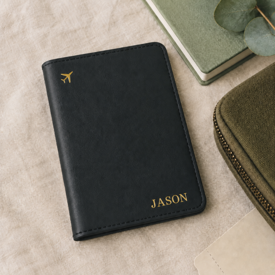 Personalised black vegan leather passport holder.