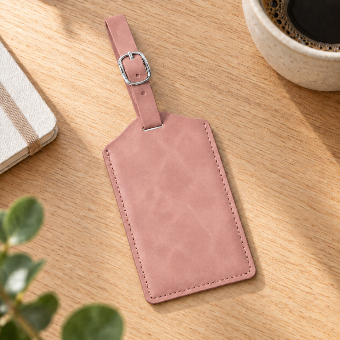 Pink vegan leather luggage tag with silver buckle ready to be personalised.