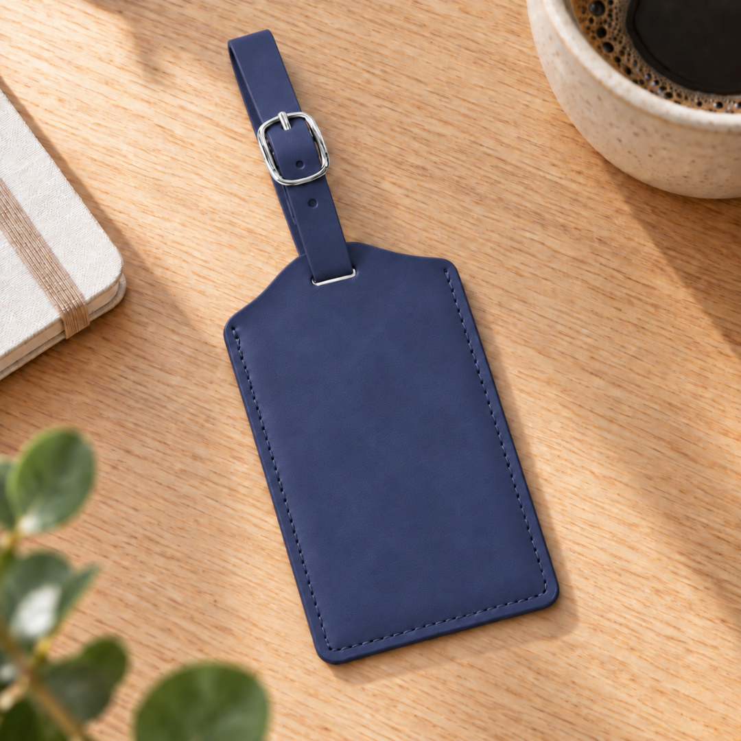 Navy vegan leather luggage tag with silver buckle ready to be personalised.