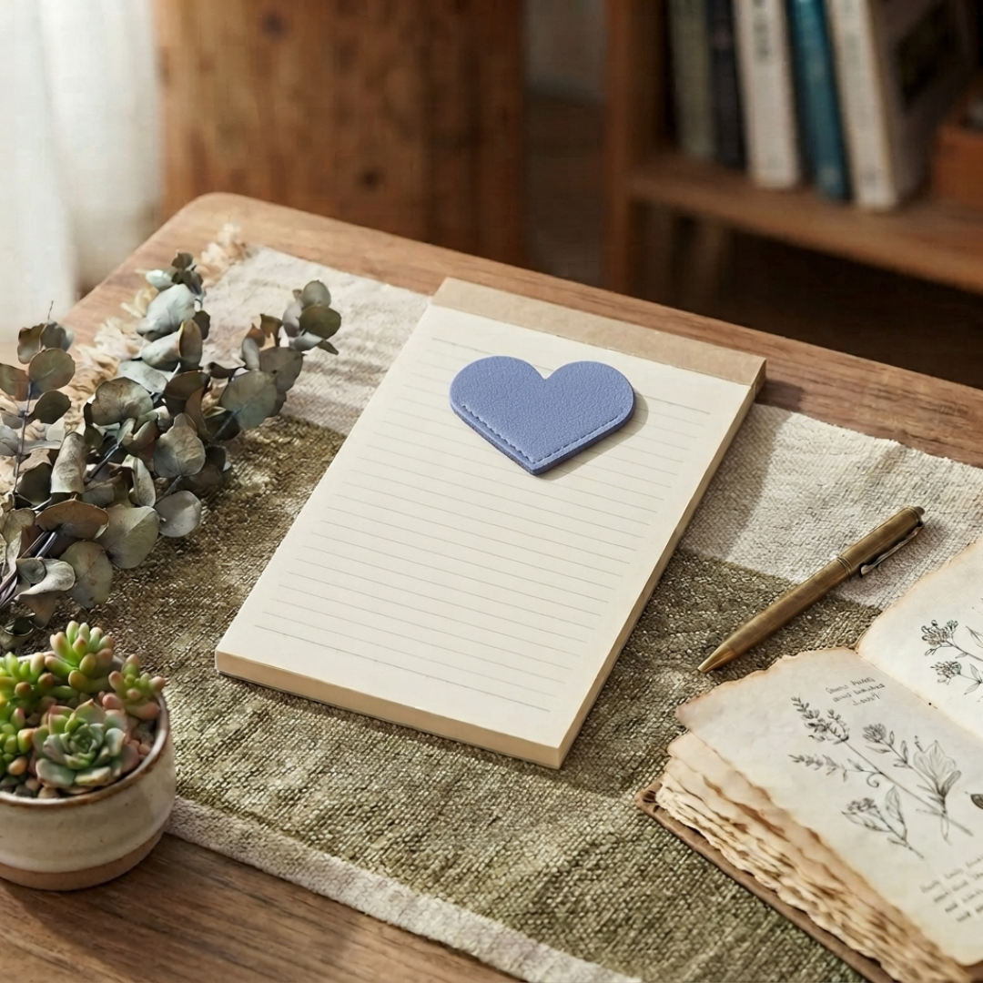 Blue vegan leather heart-shaped corner bookmark ready to be personalised.