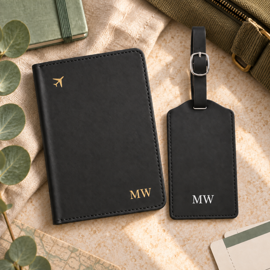 Black personalised vegan leather luggage tag with matching black personalised vegan leather passport holder.