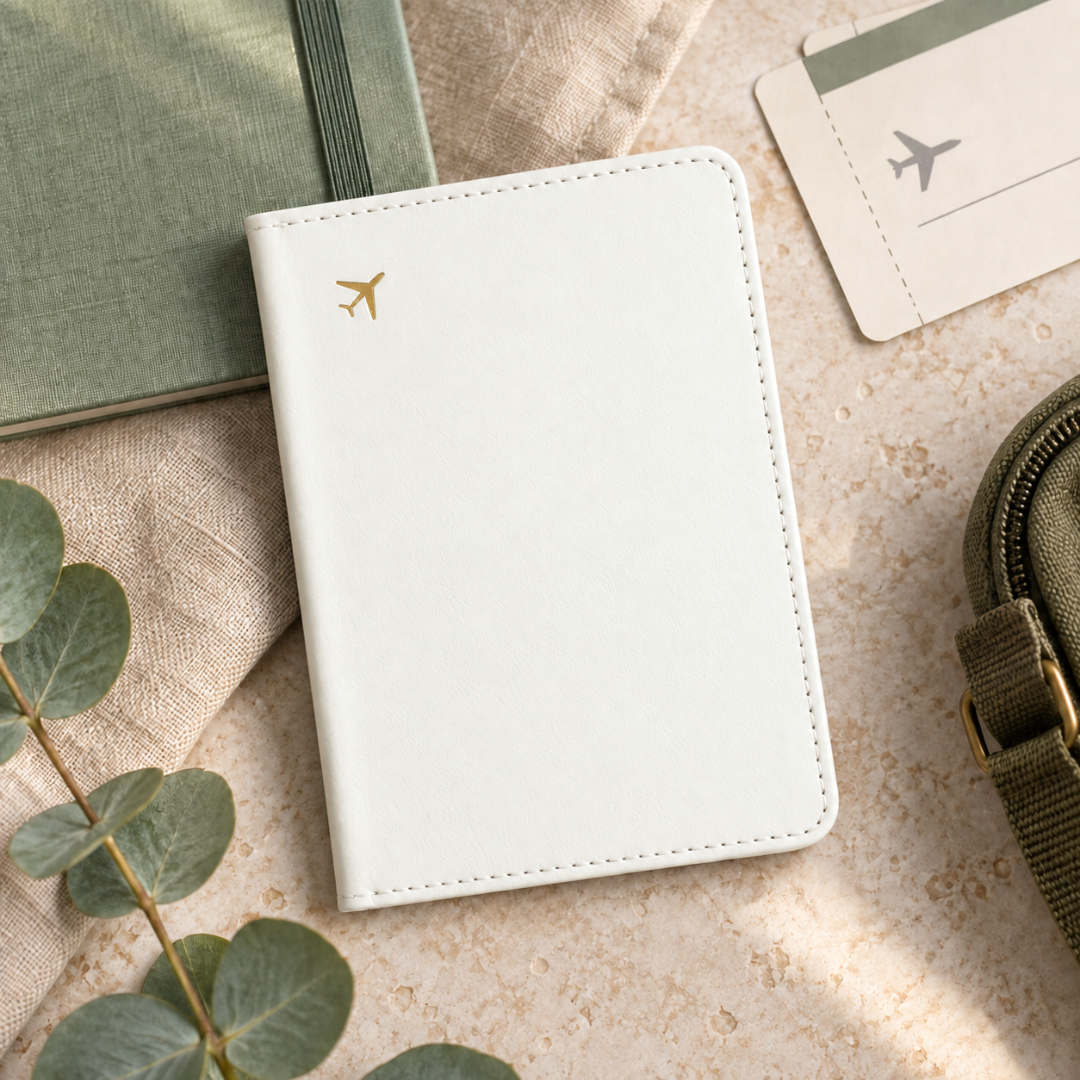 White vegan leather passport holder with stitched edges and a gold aeroplane detail ready to be personalised.