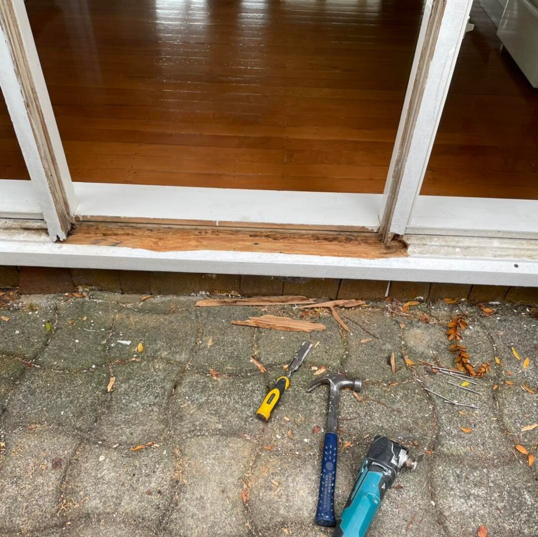 A little bit of a door repair. 

I Had to remove the rotten timber from the bottom of the doorway, after sealing and manufacturing a new piece to slip in I then worked on replacing the rotted out bottom of edge of the door.