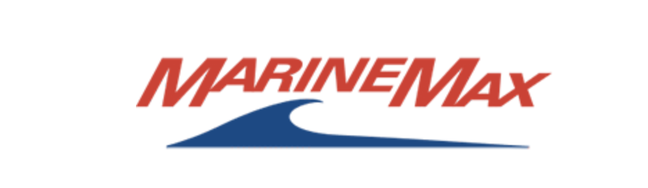 MarineMax logo with red text and a blue wave graphic underneath