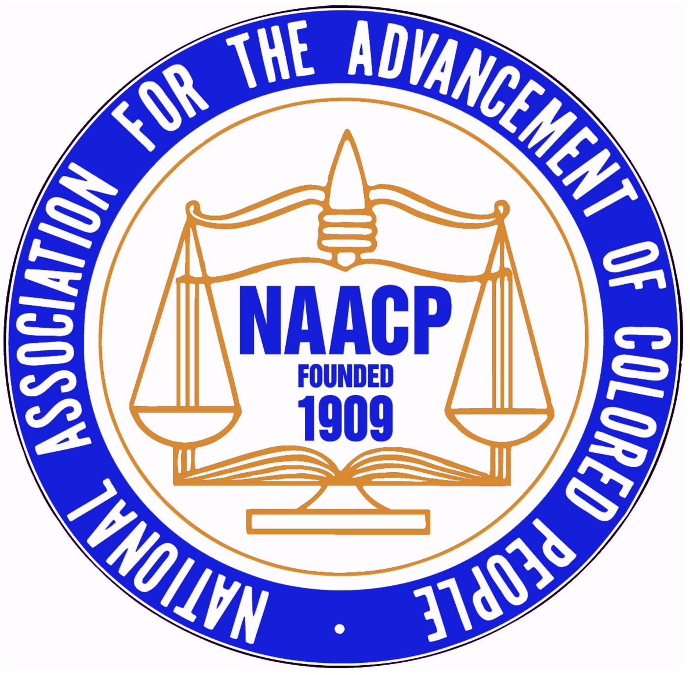NAACP emblem with blue and gold colors, scales of justice, and open book, featuring the text "NAACP Founded 1909" in the center.