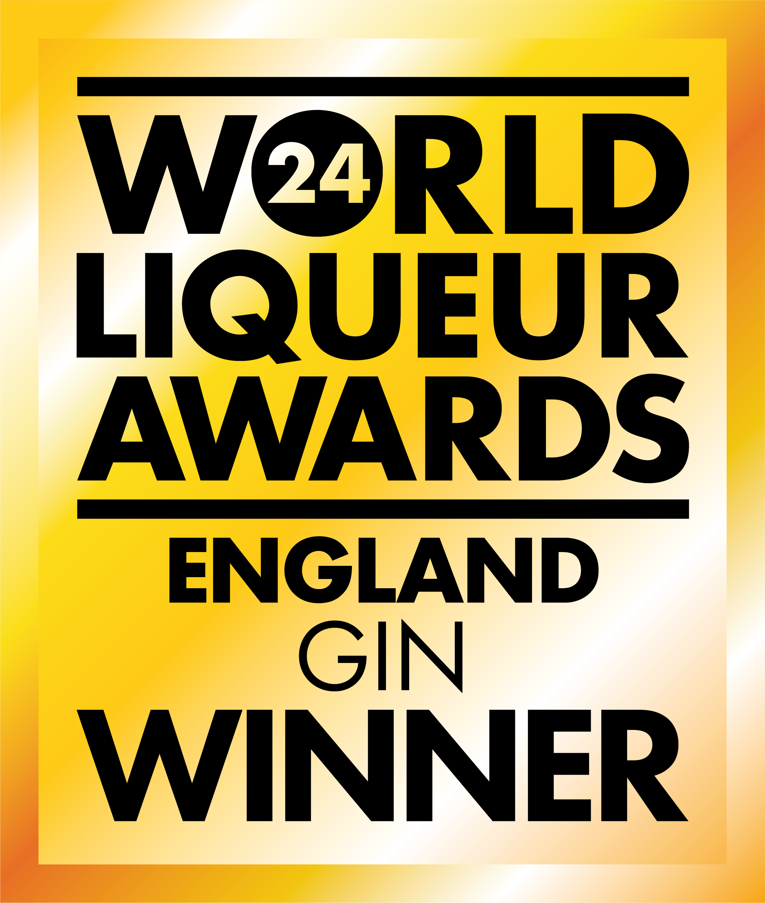 World Liqueur Awards 2024 England Gin Winner logo on a yellow gradient background.