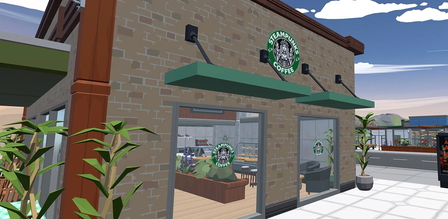 Exterior view of a coffee shop named Steampunk's Coffee with brick walls, green awnings, and logo signs on the windows and building. There are potted plants and a sidewalk in front.