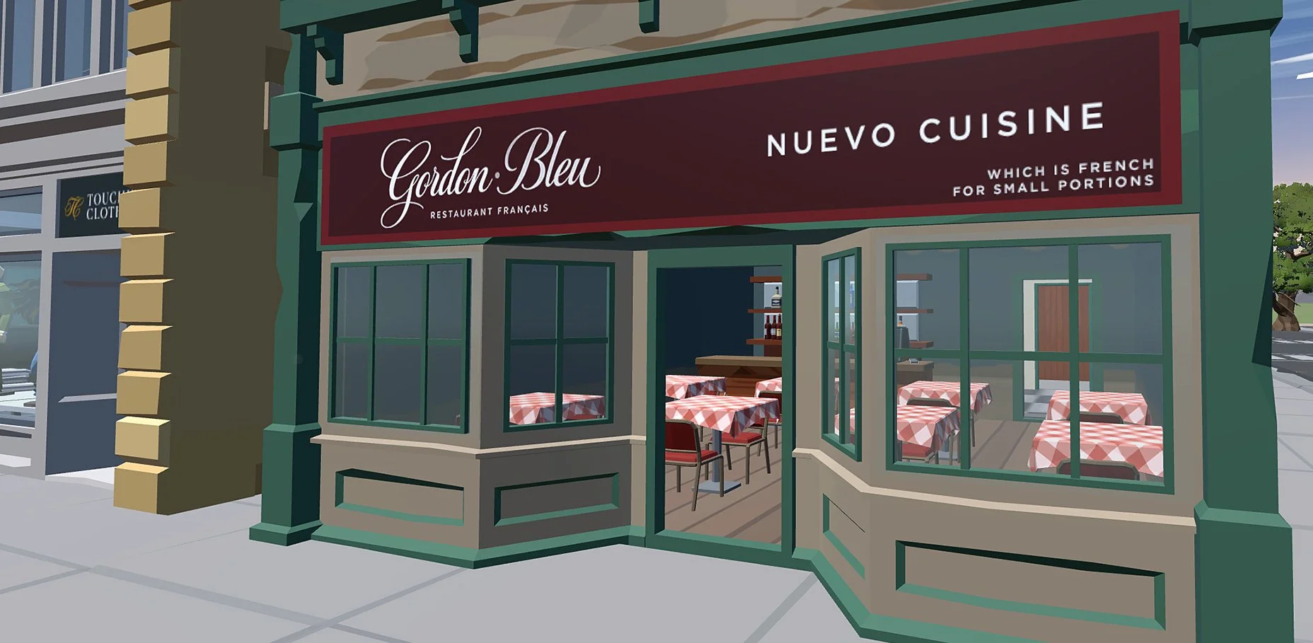 Exterior of a French restaurant named Gordon Bleu with large windows, green trim, and a maroon sign that reads 'Gordon Bleu Nuevo Cuisine.' The windows reveal tables inside with red and white checkered tablecloths.