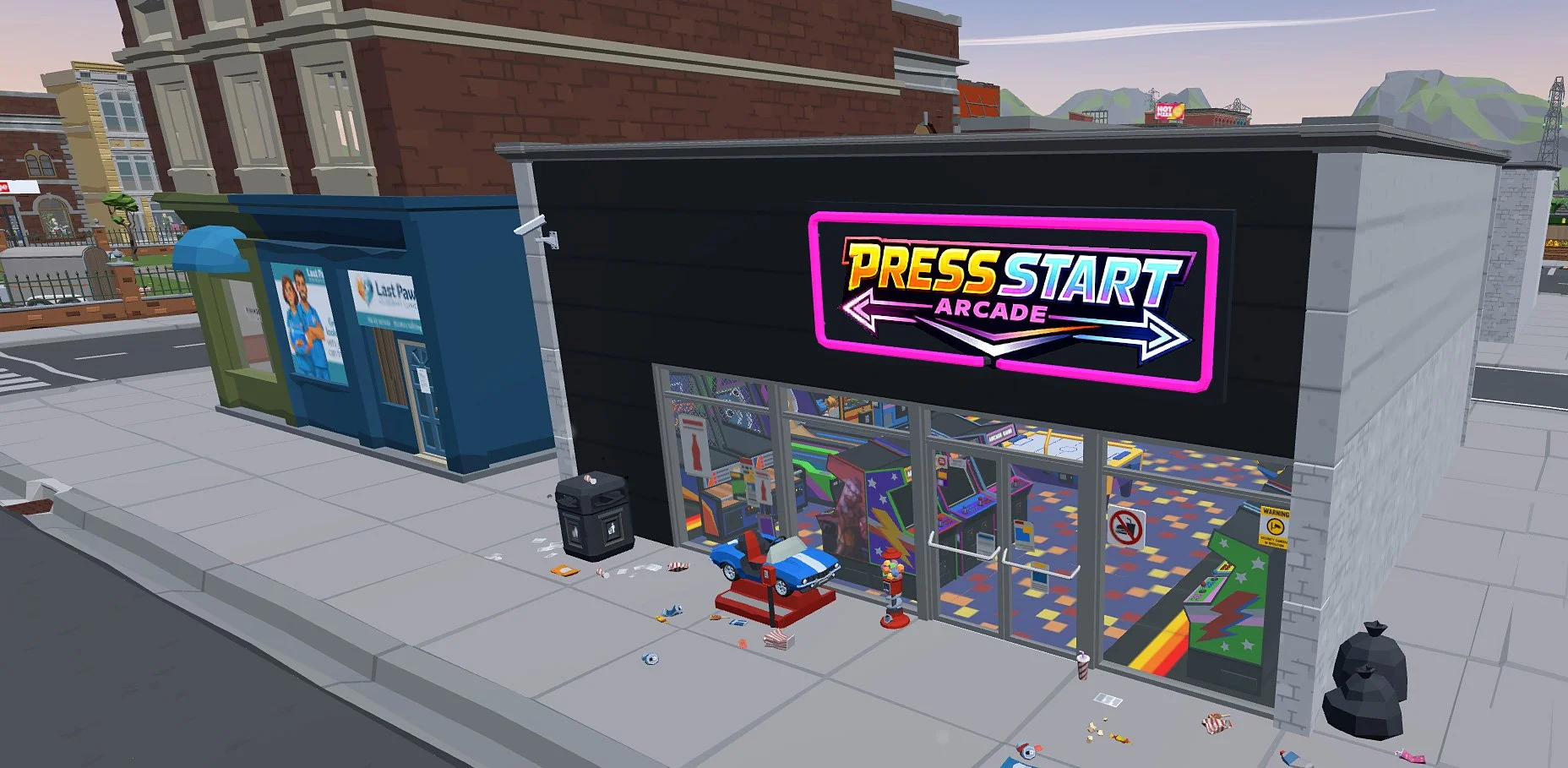 Street view of an arcade with a neon sign that reads press start arcade, with colorful arcade machines inside and trash scattered outside, including a toy car on a small red platform and a clown figurine.