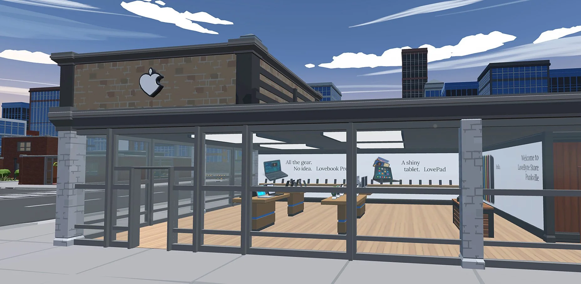 Drawing of an Apple Store in an urban area with glass storefront windows displaying Apple products inside, including laptops, tablets, and accessories, with city buildings and a blue sky in the background.