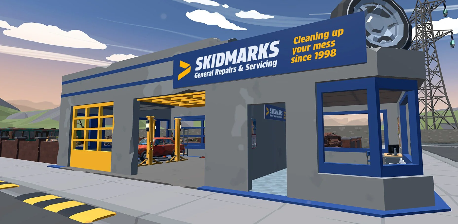 An animated image of a car repair shop named SKIDMARKS with the sign that reads "Cleaning up your mess since 1998." The shop has a yellow garage door, a corner window, and a car lift inside with a red car. The shop is beside a sidewalk with yellow and black speed bump markers, and there is a large metal electricity pylon in the background. The sky is partly cloudy with a sunset hue.