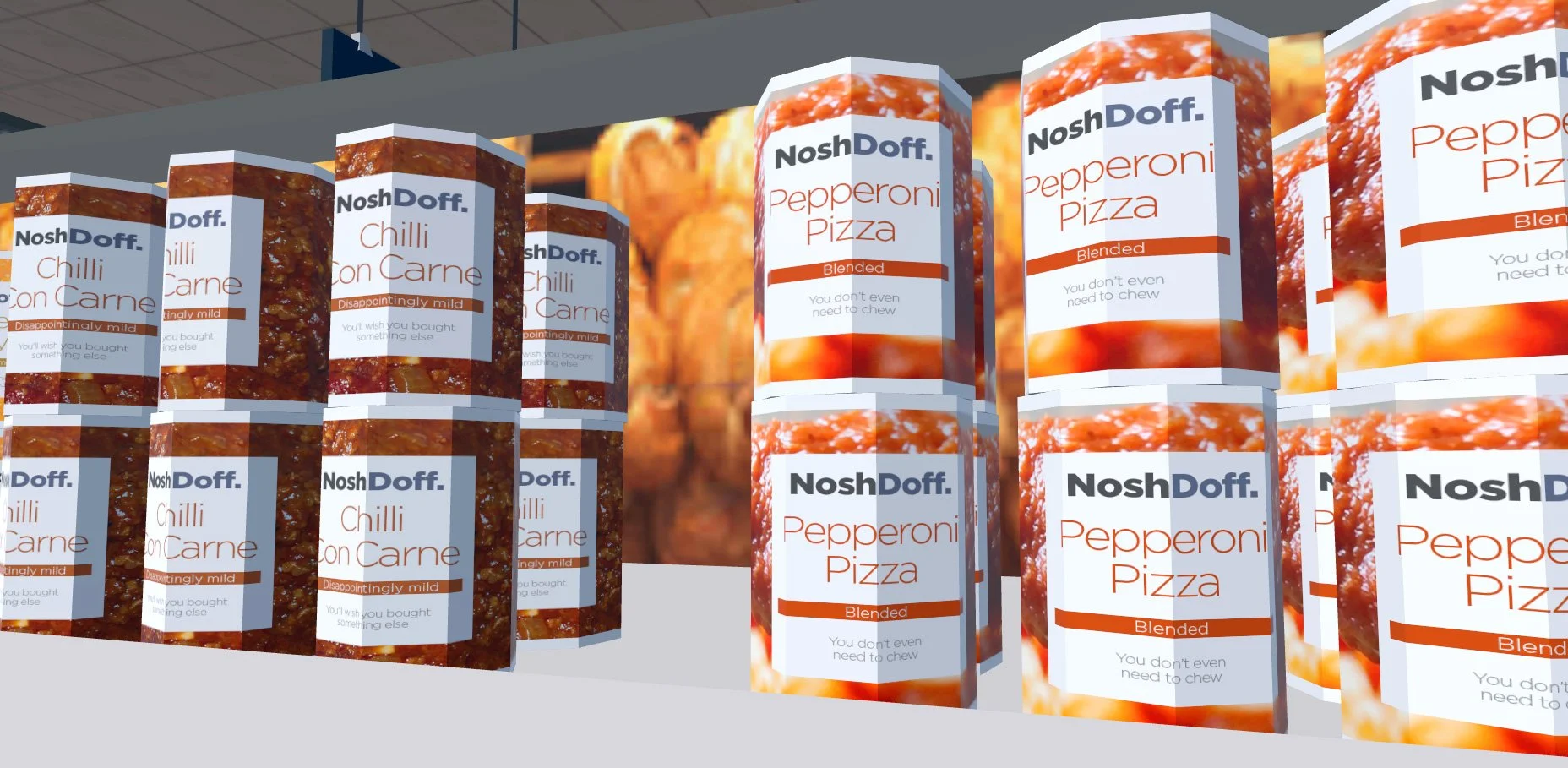 Shelves stocked with frozen food boxes, including chili con carne and pepperoni pizza, with a backdrop of a food image.