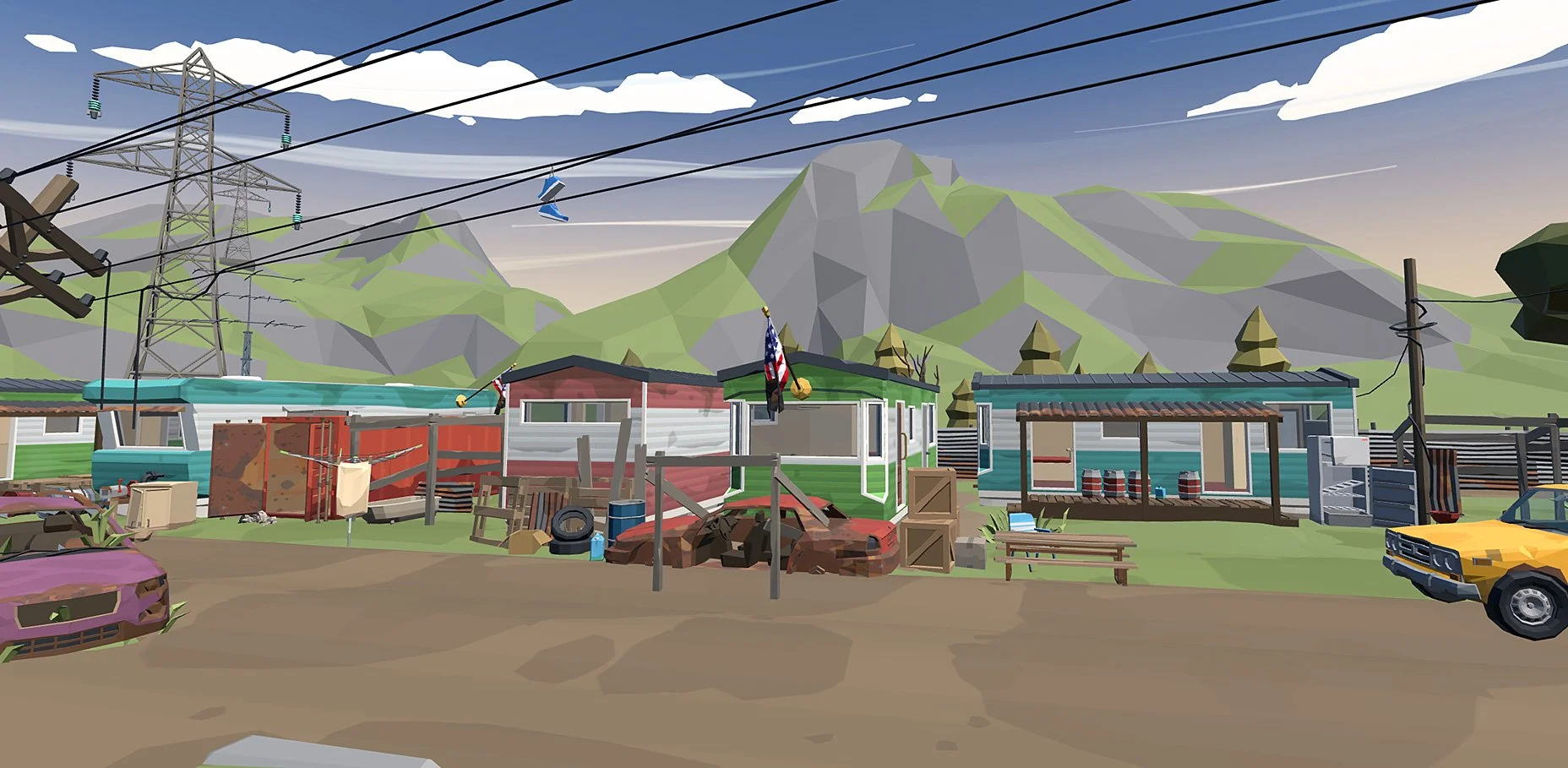 A colorful cartoon-style depiction of a rural scenery with mobile homes, cars, power lines, mountains, and a partly cloudy sky.