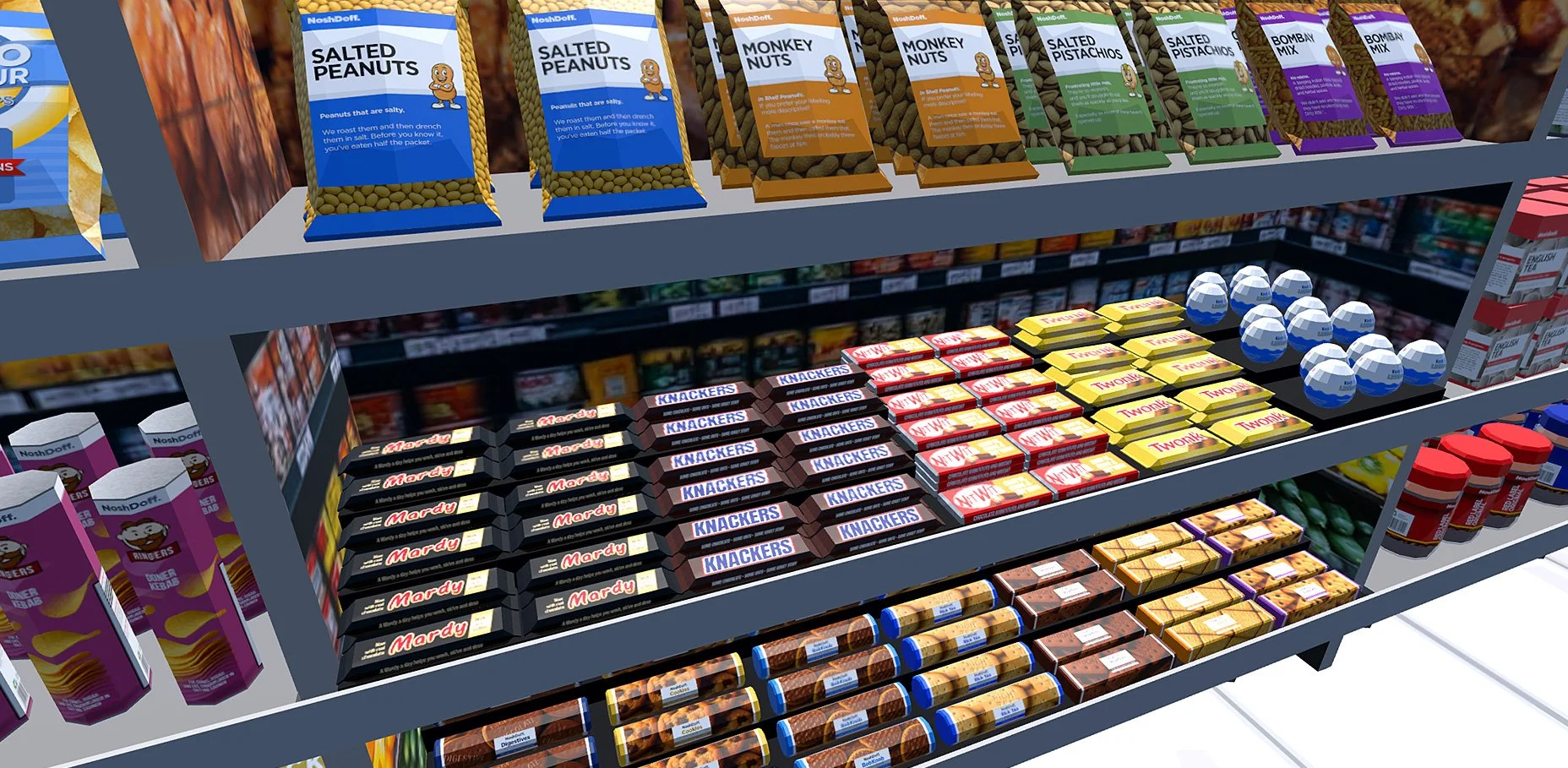 A grocery store shelf filled with various chocolate and snack bars, including salted peanuts, monkey nuts, salted pistachios, salted pistachios, and Bombay mix, along with round candy containers and other snack packages.