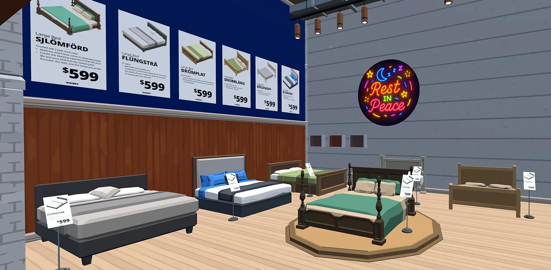 Display of various beds in a furniture store, with prices around $599, and a colorful neon sign that says 'Rest in Peace' with a crescent moon, stars, and 'Rest' in orange, 'In' in green, and 'Peace' in pink.