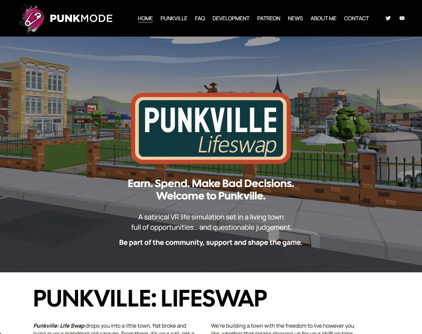 Screenshot of the Punkmode website promoting Punkville Lifeswap, a satirical VR life simulation game set in a living town.