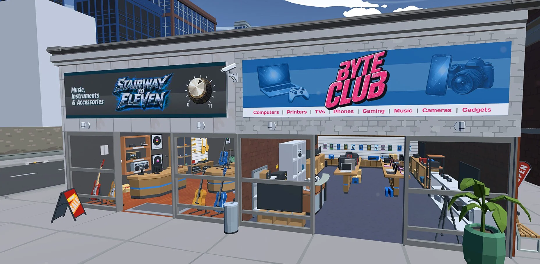 View of a retail electronics and gaming store with two large signs on the facade: one for "Stairway to Eleven" music, instruments, and accessories, and another for "Byte Club" with categories like computers, printers, TVs, phones, gaming, music, cameras, and gadgets. The store has various electronic devices, guitars, and gaming consoles visible inside, and a sale sign outside.