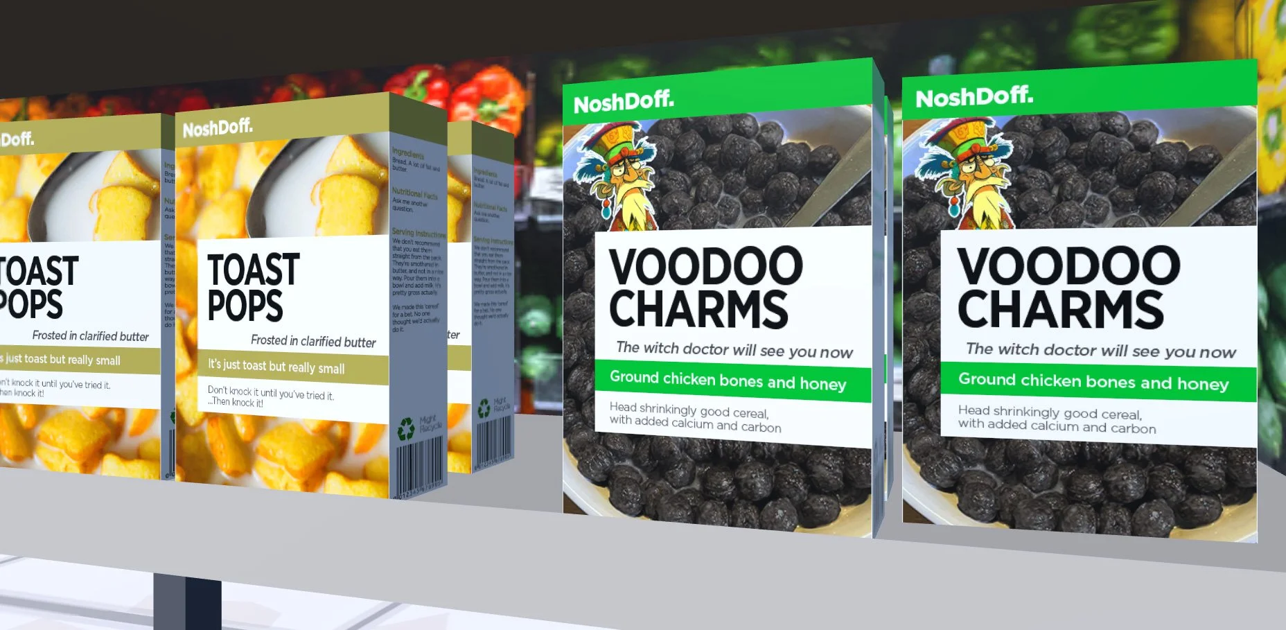 Grocery store display with boxes of Toast Pops cereal featuring yellow and orange toast slices, and boxes of Voodoo Charms cereal with black round cereal pieces, both from NoshDoff.