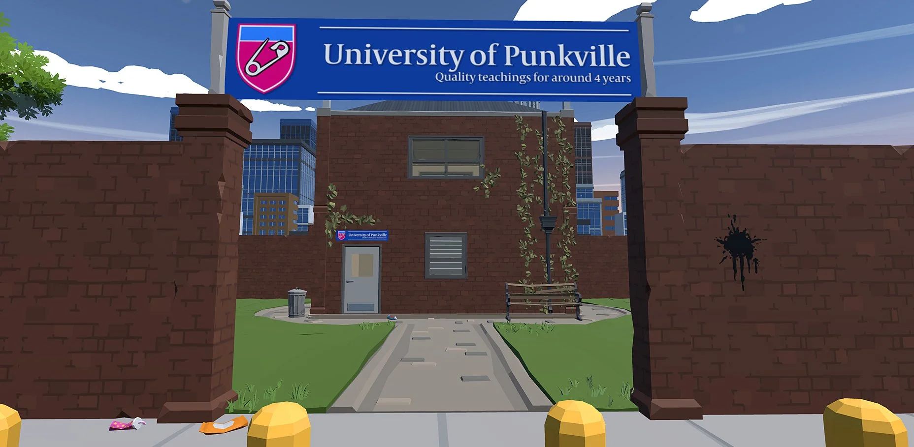 Illustration of the University of Punkville entrance with a blue sign, a pathway leading to a brick building, surrounded by a brick wall with graffiti, trash on the sidewalk, and city buildings in the background.