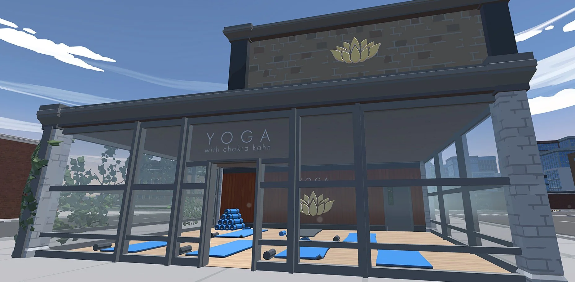 A modern outdoor yoga studio with glass walls, yoga mats, and yoga blocks, with the sign 'YOGA with chakra kahn' and lotus flower symbols on the building.
