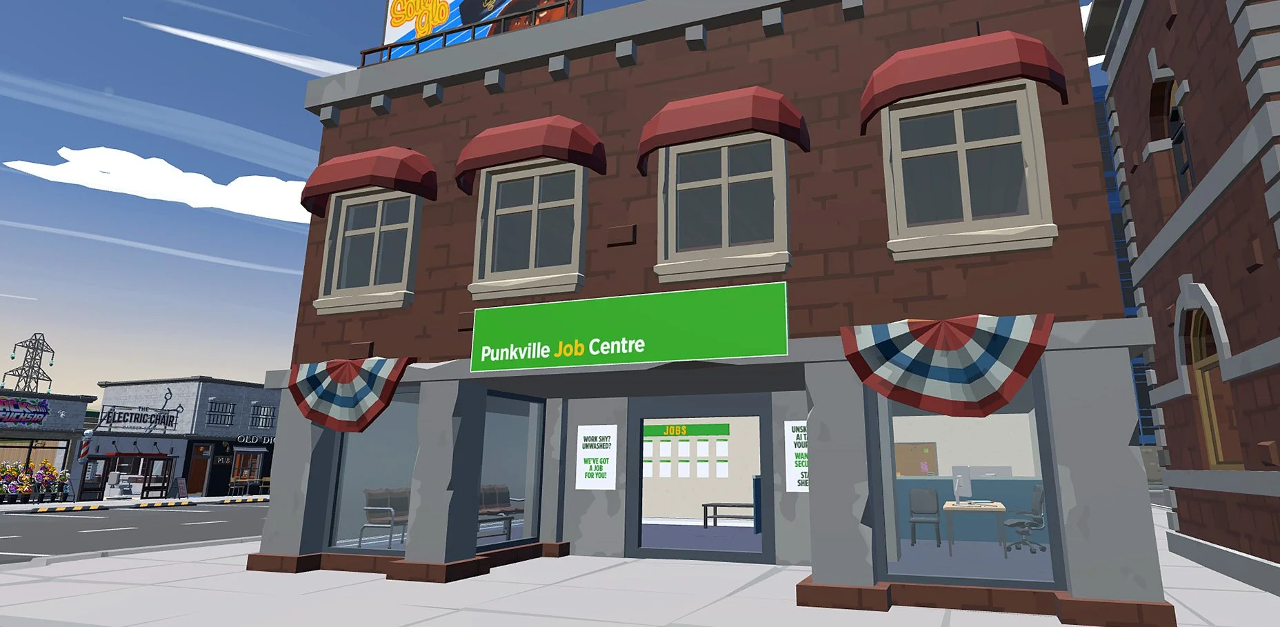 A cartoon-style building with a green sign that reads 'Punkville Job Centre,' decorated with patriotic bunting, with large windows and an office visible inside.