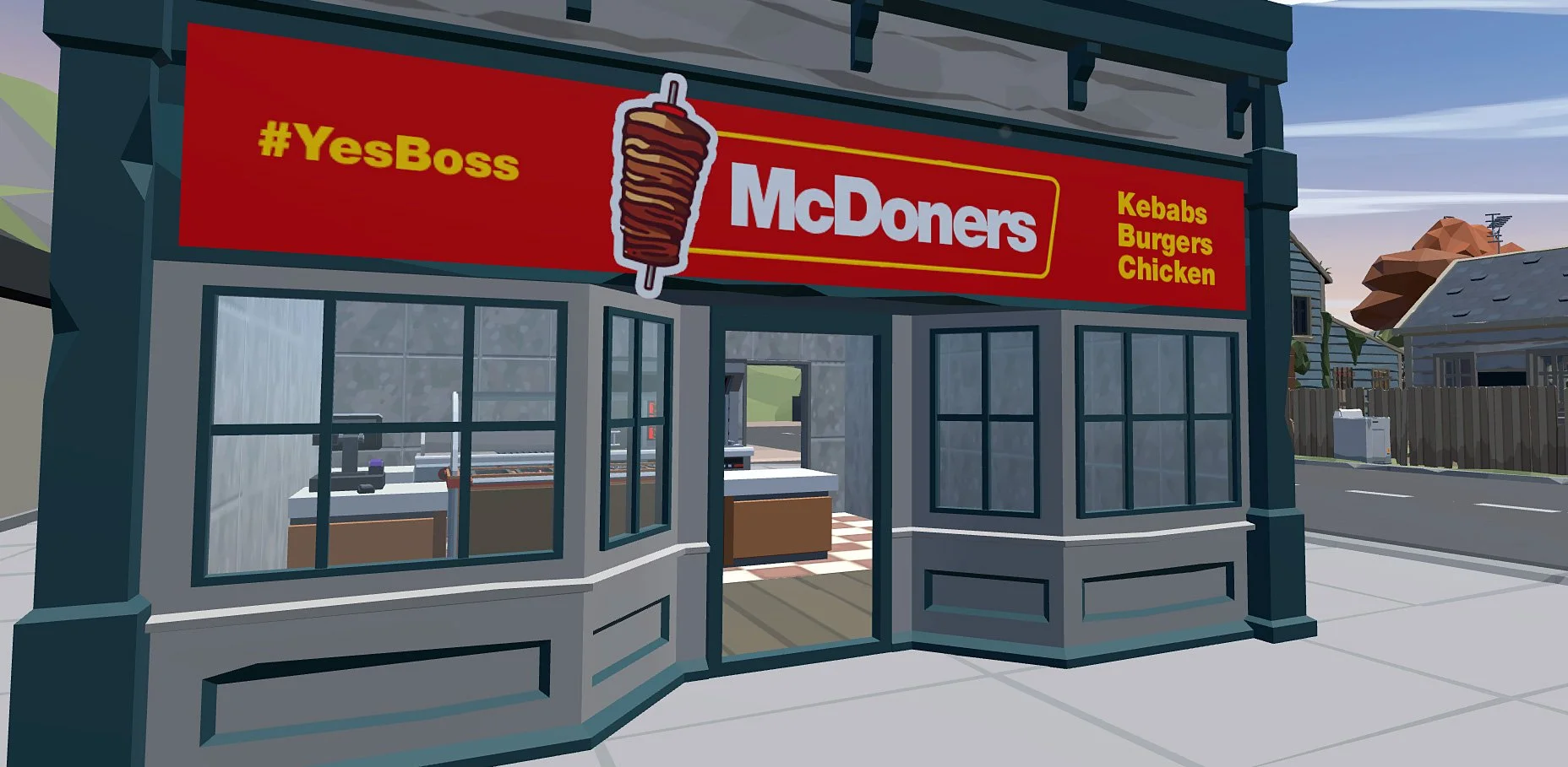 Digital illustration of a fast-food restaurant with a red sign that reads '#YesBoss McDorners' and lists menu items: Kebabs, Burgers, Chicken, with a logo of a skewer with meat.