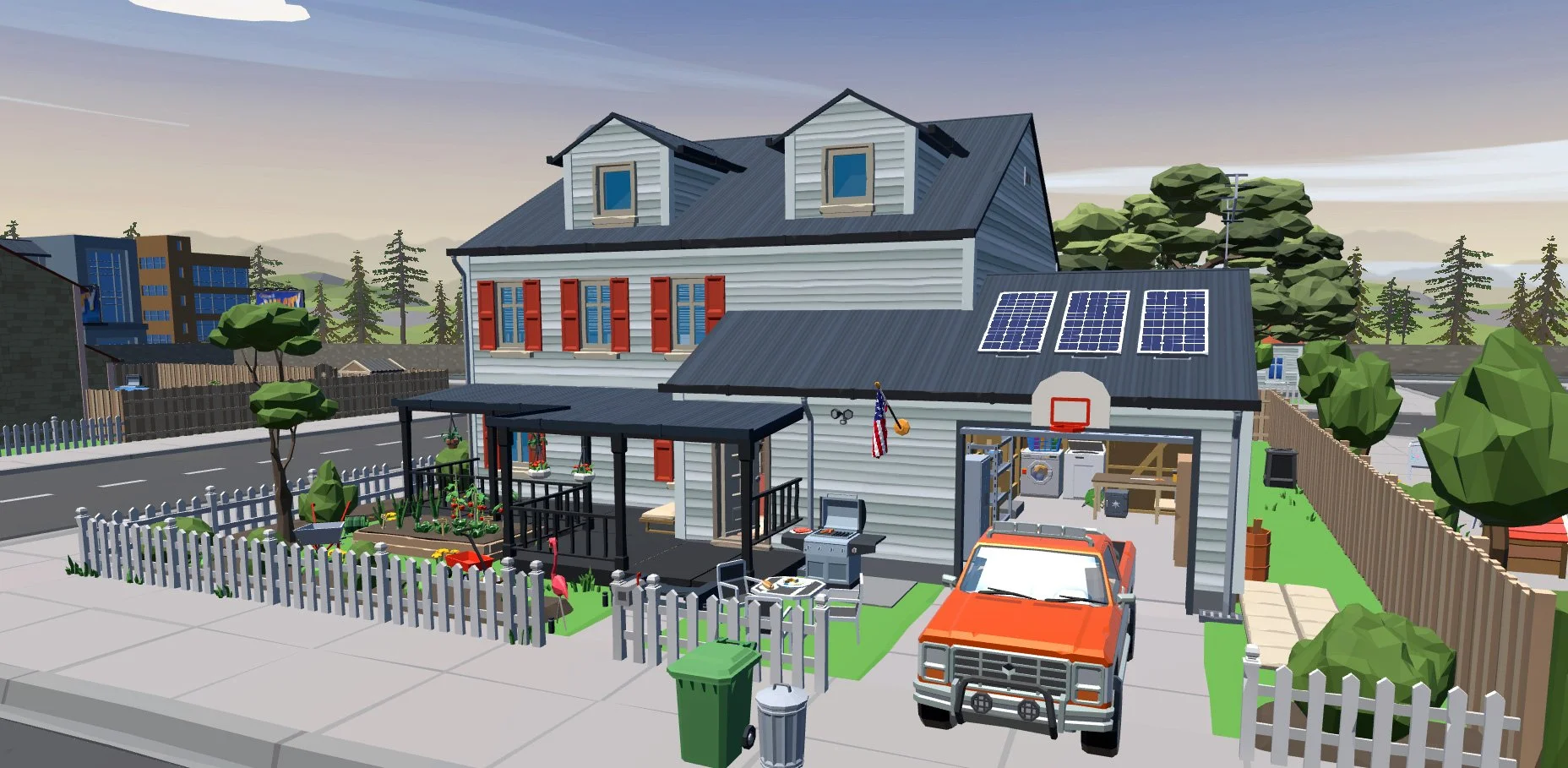 Digital illustration of a house with solar panels, a driveway with an orange truck, a fenced yard with a garden, and trees in the background.