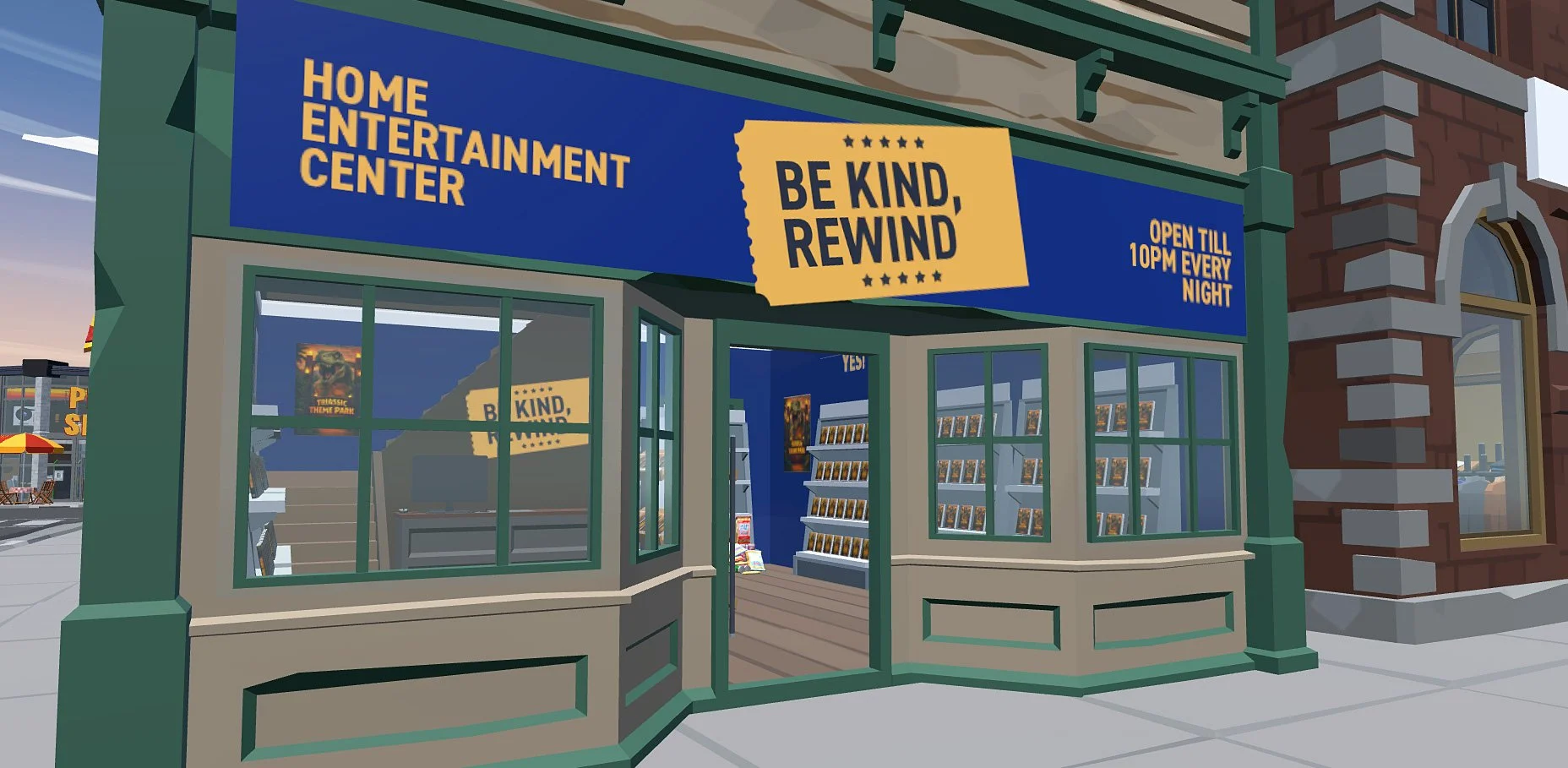 Exterior of a store called Home Entertainment Center with a large yellow and blue sign that reads 'BE KIND, REWIND' and 'OPEN TILL 10PM EVERY NIGHT'.