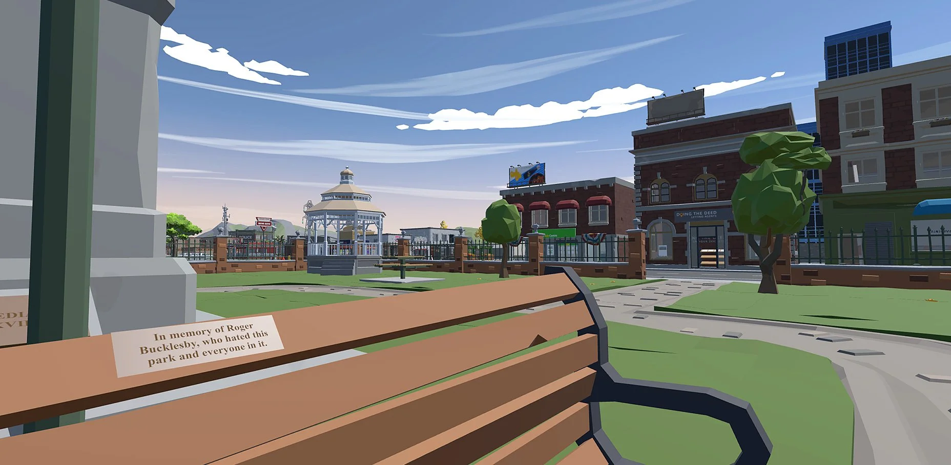 Illustration of a park with benches, trees, a gazebo, and buildings in the background. A memorial plaque on a bench reads, 'In memory of Roger Bucklesby, who hated this park and everyone in it.'