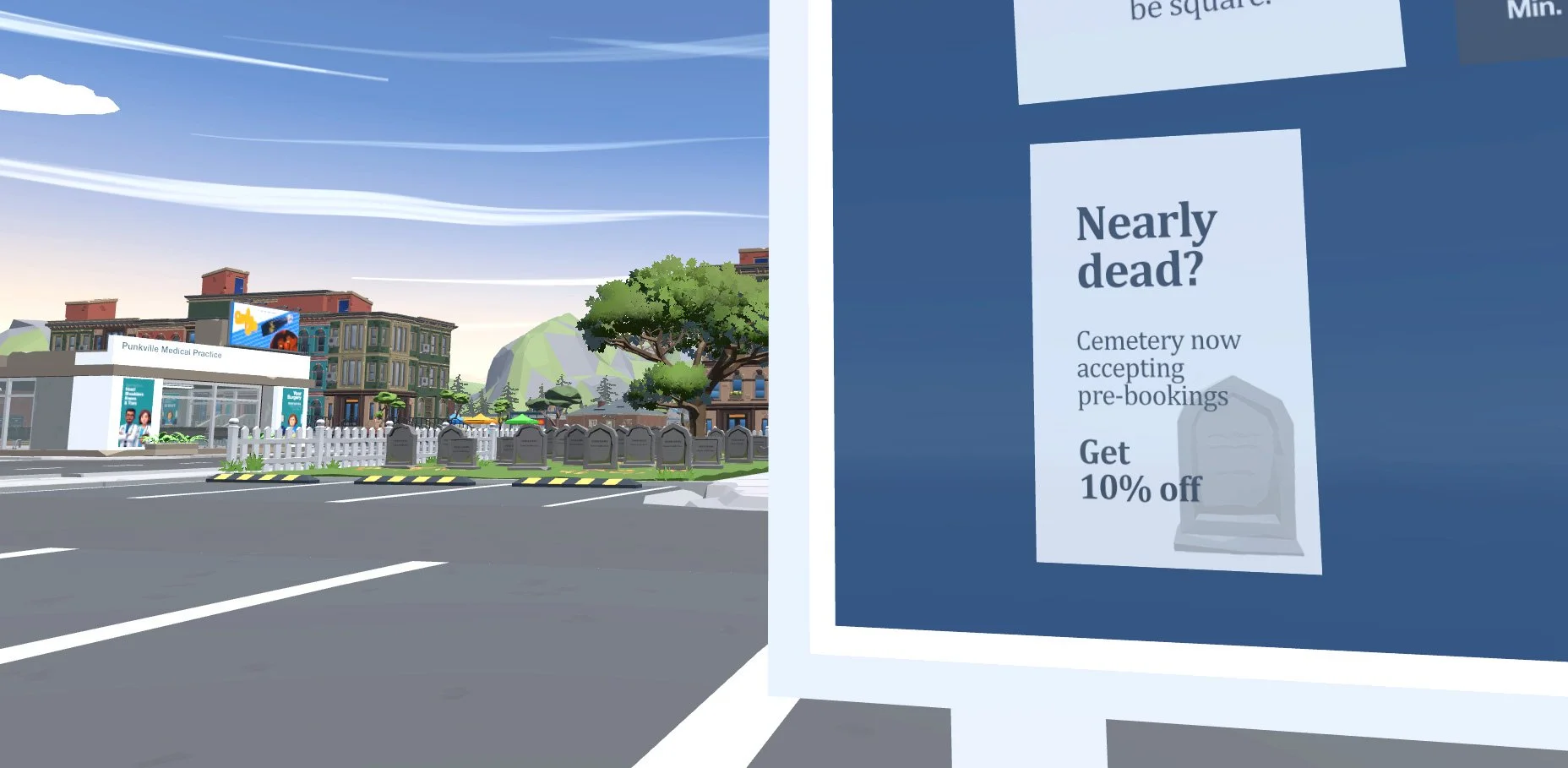 A digital illustration of an outdoor scene with a street view, buildings, trees, and a billboard on the right side advertising cemetery pre-bookings with a 10% discount.