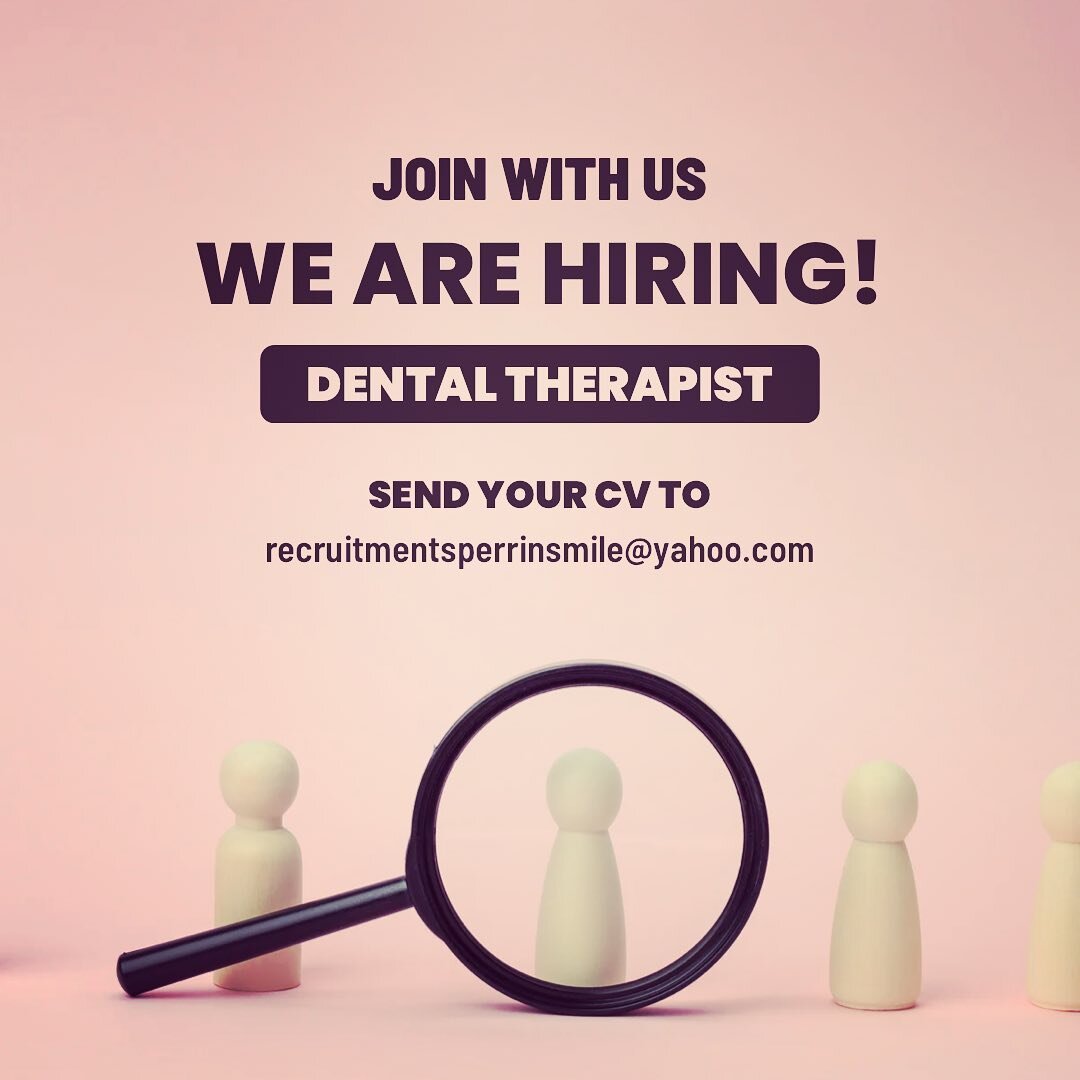 📣📣Vacancy📣📣 due to demand and expansion, we are recruiting a dental therapist! For further info, DM or email recruitmentsperrinsmile@yahoo.com #dentaltherapist #dentalhygienist #dentaljobs