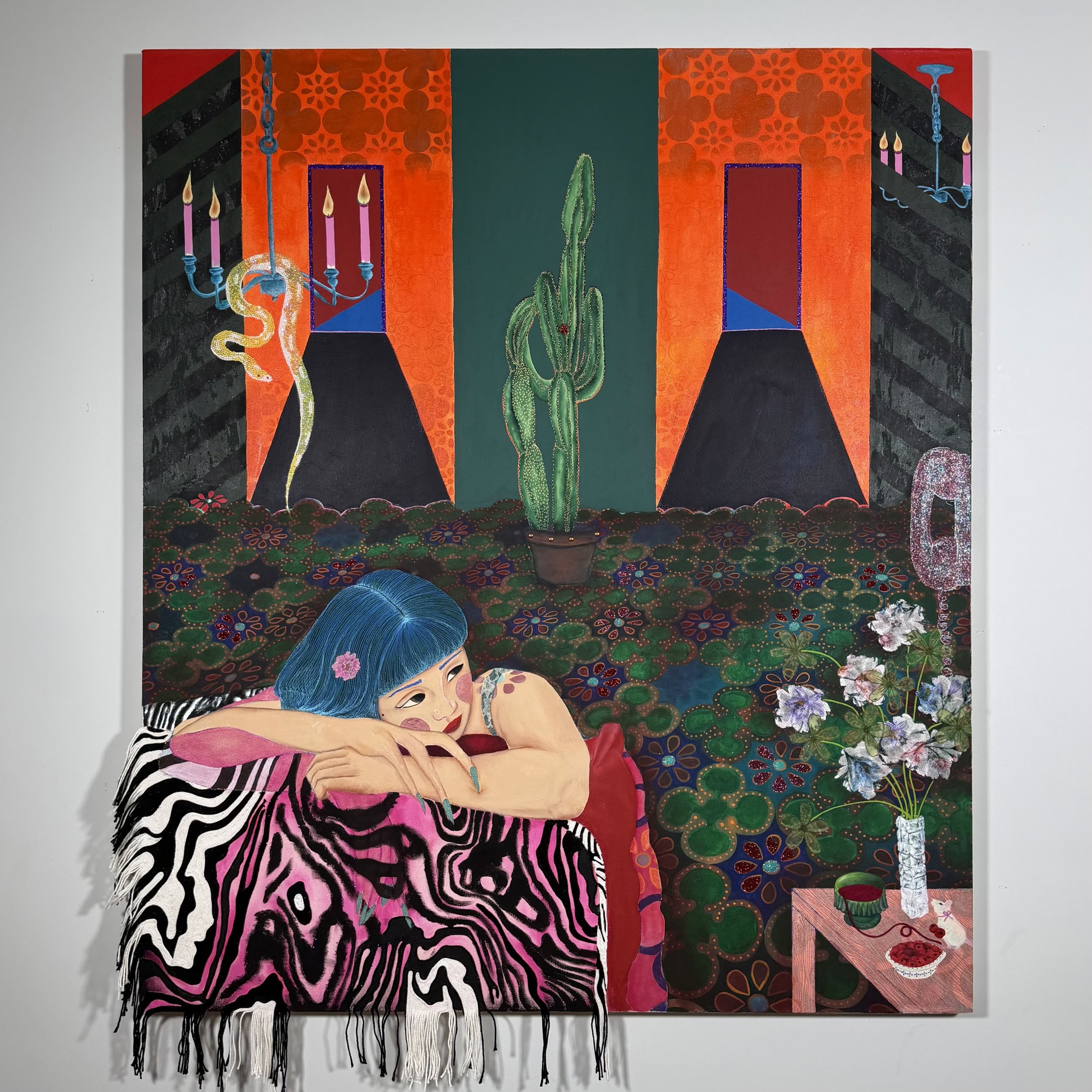 "MouseTrap" 48x60 in, Acrylic, yarn, glitter, lace and gems on canvas. 2025.