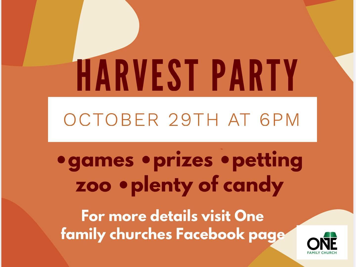 Join us for a fall harvest party. There will be&nbsp;&nbsp;games, door prizes, a petting zoo, and plenty of candy! You don&rsquo;t want to miss this!