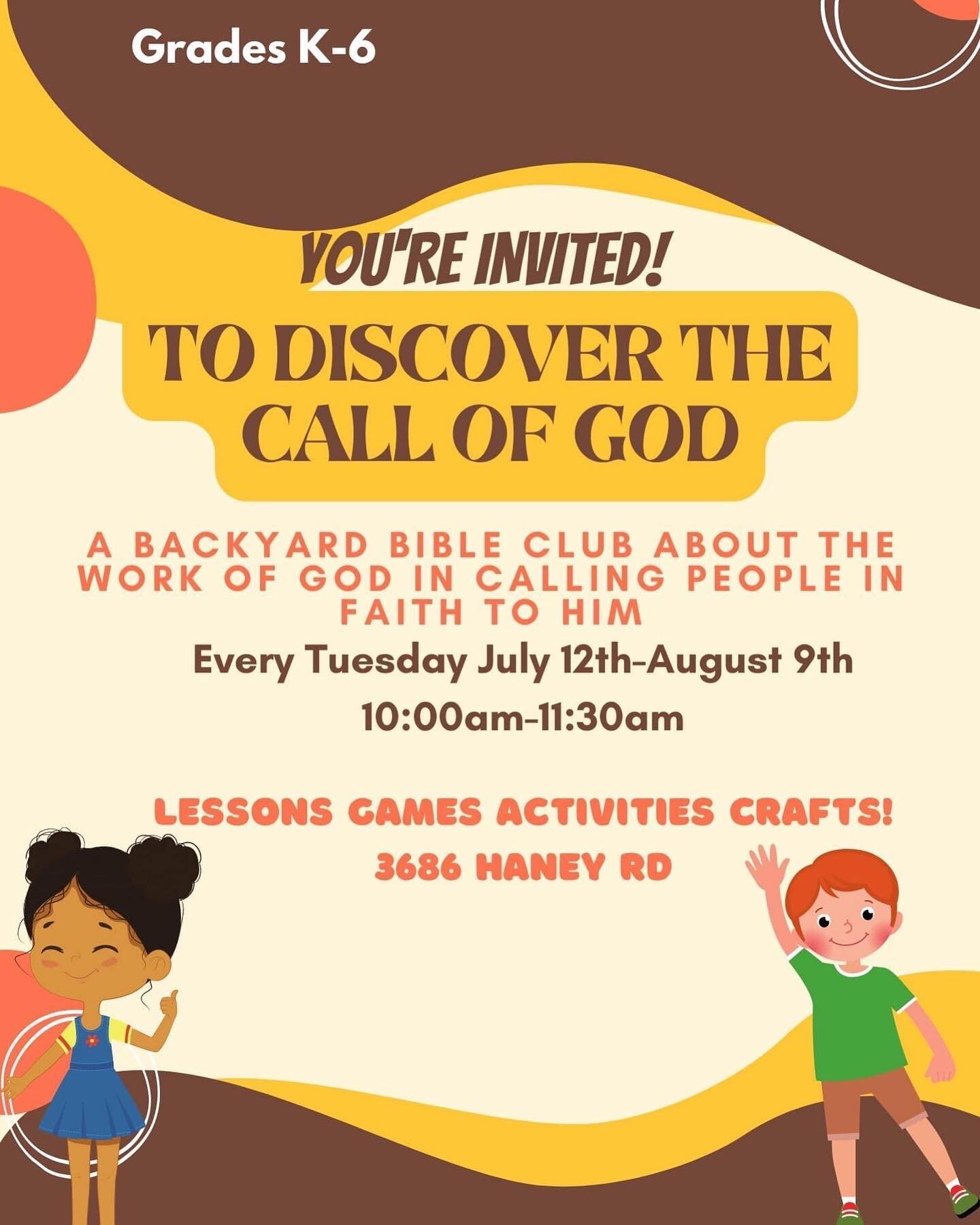 You&rsquo;re invited to discover the call of God! Join us starting July 12, for a fun and interactive Bible learning experience at One Family Church! Bring children kindergarten through 6th grade for Backyard Bible Club!