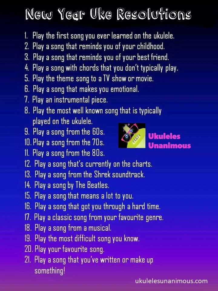 A list of 25 new year resolutions for ukulele players.