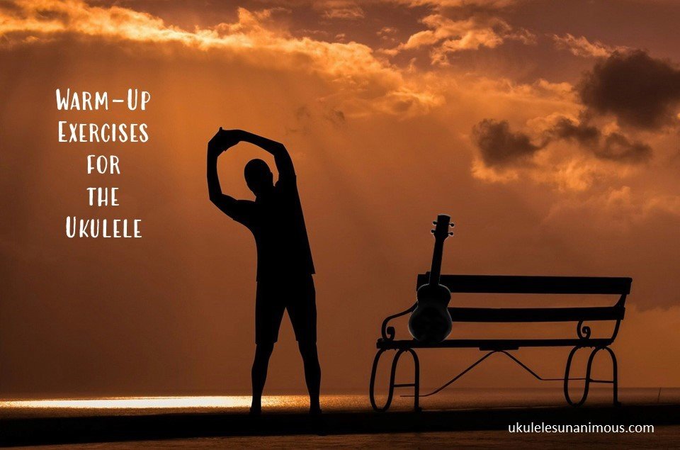 Silhouette of a man exercising with ukulele on bench.