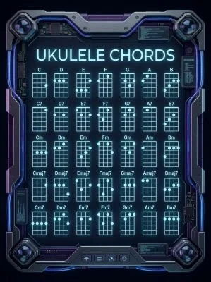 Ukulele chord chart with a sci fi theme.