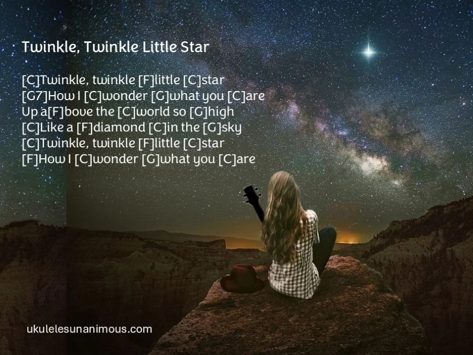 Girl star gazing with ukulele.