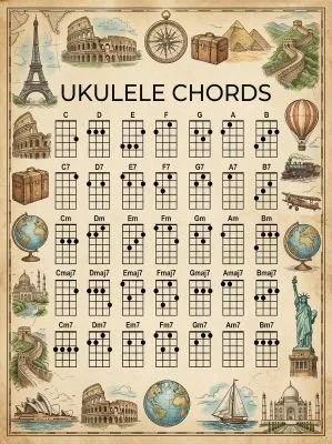 Ukulele chord chart with a world travel theme.