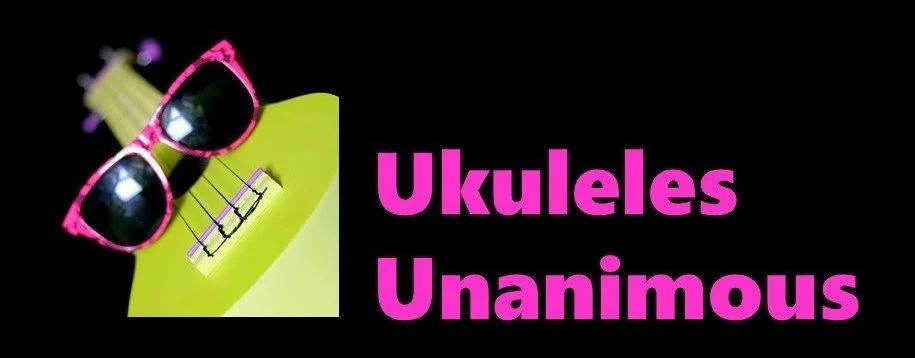 Ukuleles unanimous logo with green ukulele and pink sunglasses.